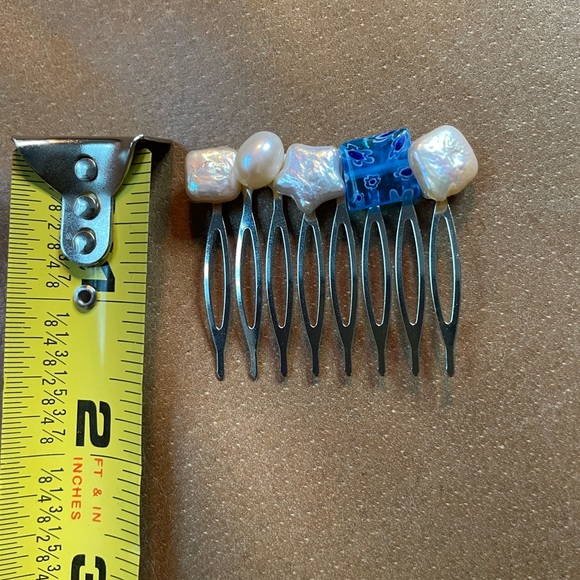Genuine freshwater pearl Millefiori glass brass hair comb blue white star - Picture 4 of 5